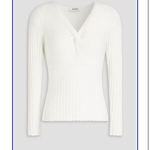 Sandro White Ribbed Twist-Front Long Sleeve Top